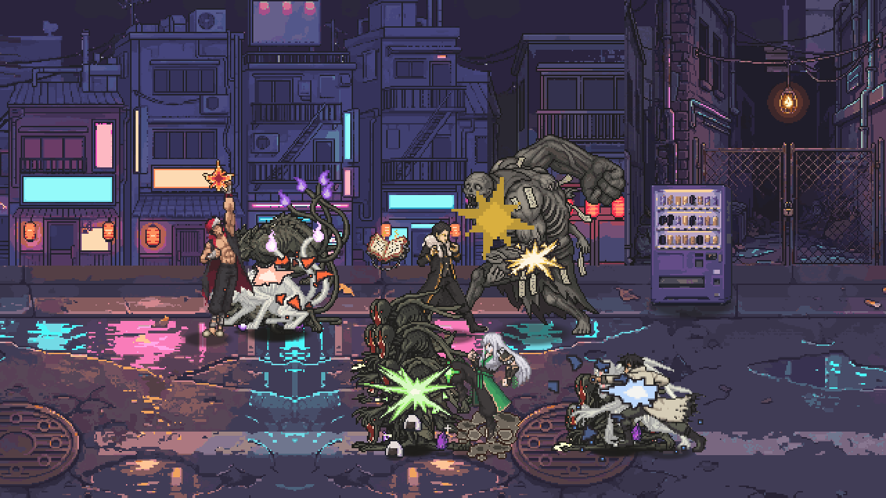 Itto, Kaito, Shiori and Sora against a curse pack in the back alleys