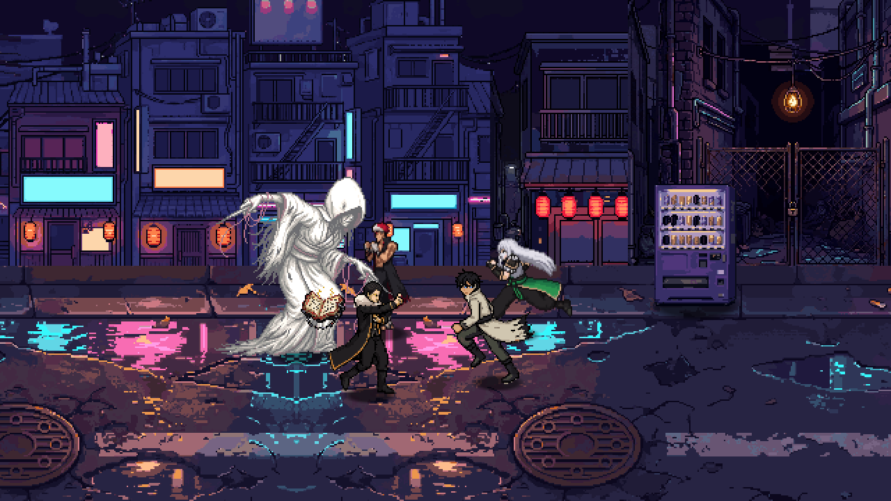 The four heroes fighting the Veiled Bride, a white-shrouded boss, on a wet neon street