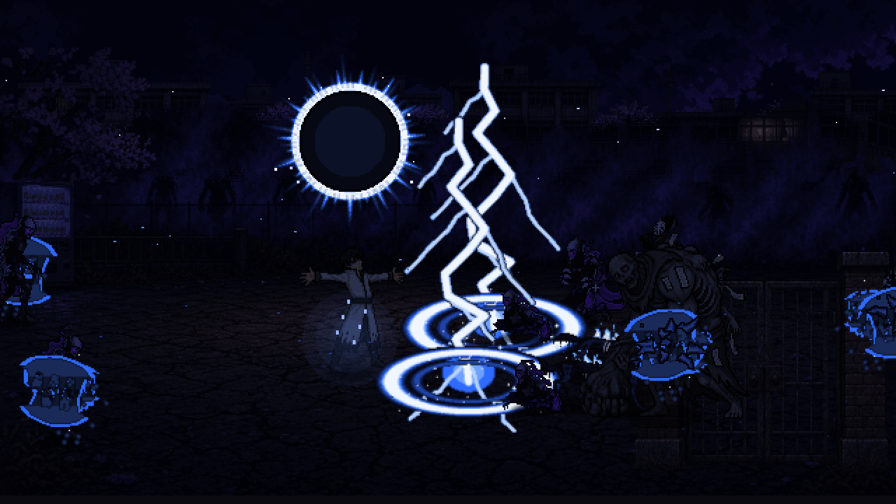 Sora's Cursebreaker: the stage goes dark under a black eclipse as ink lightning strikes the horde