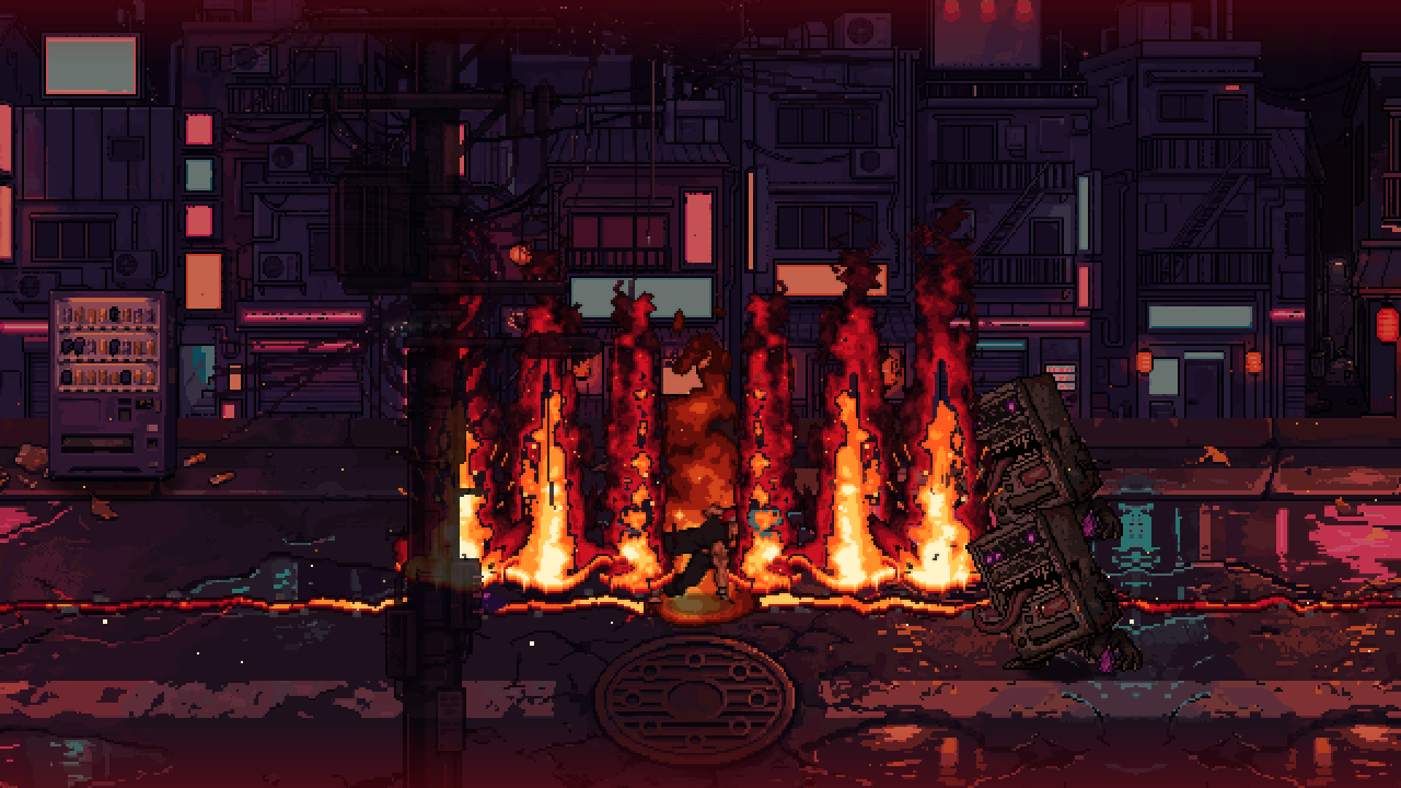 Itto's Cursebreaker: pillars of fire tear up the alley street