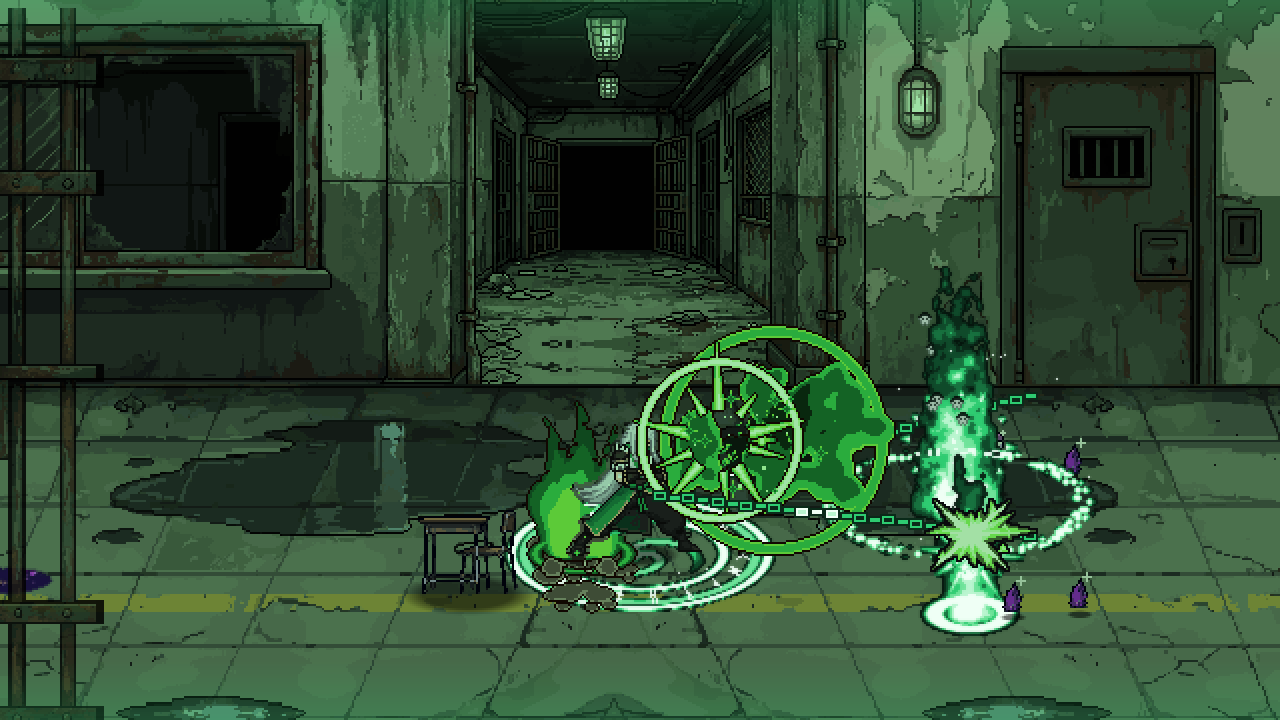 Shiori's Cursebreaker: green spirit wheels cut through a flooded juvenile hall corridor