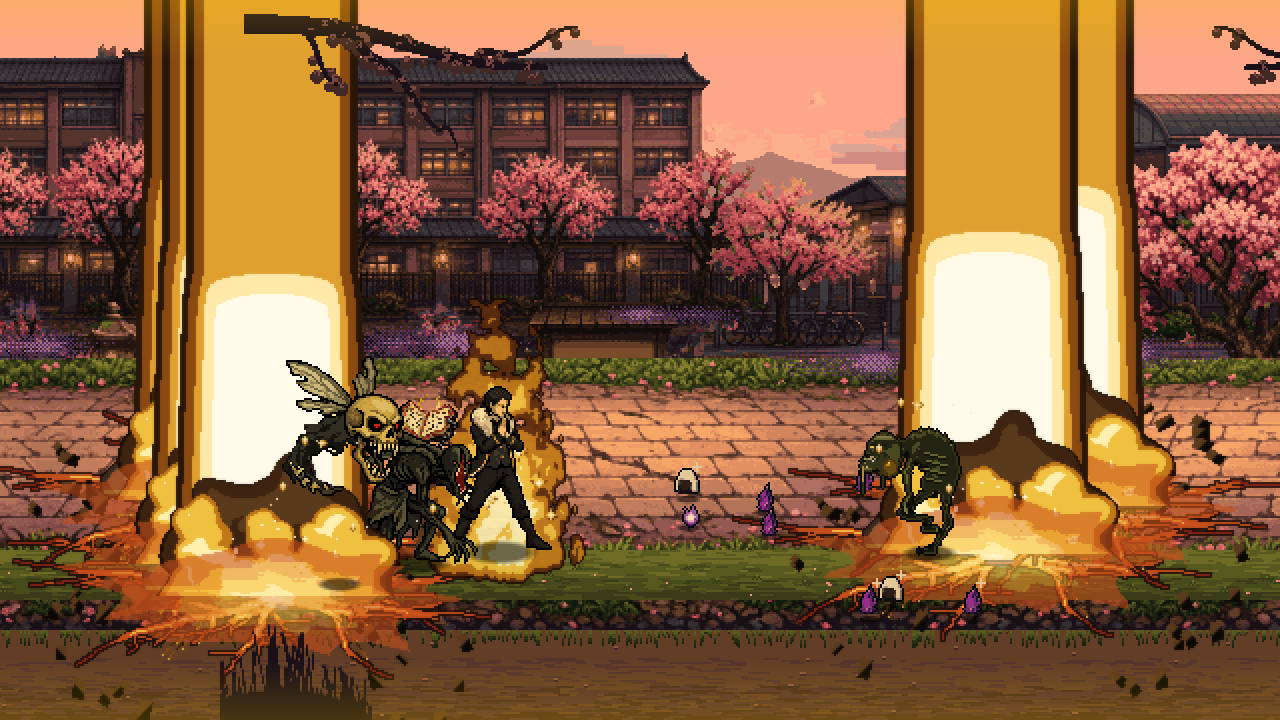 Kaito's Cursebreaker: columns of golden light slam down across the school grounds