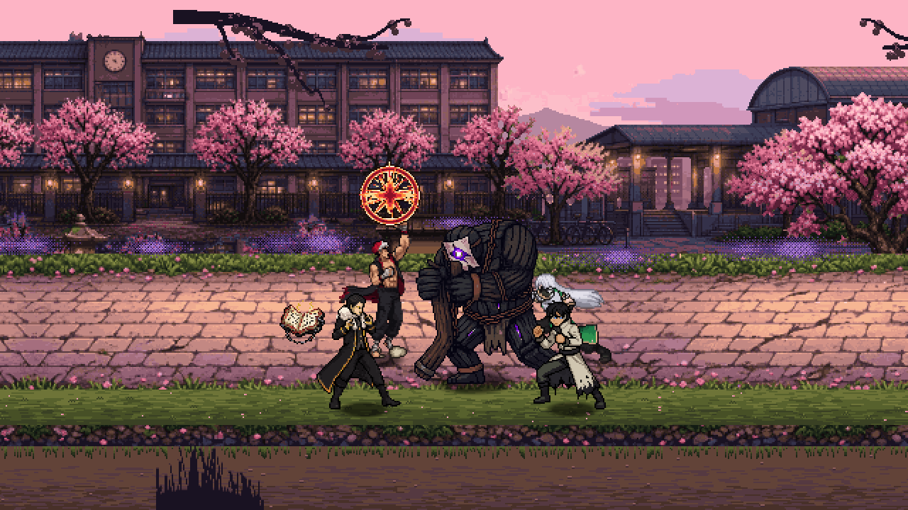 The heroes surrounding Kannuki, a hulking chained boss, under the cherry trees on campus