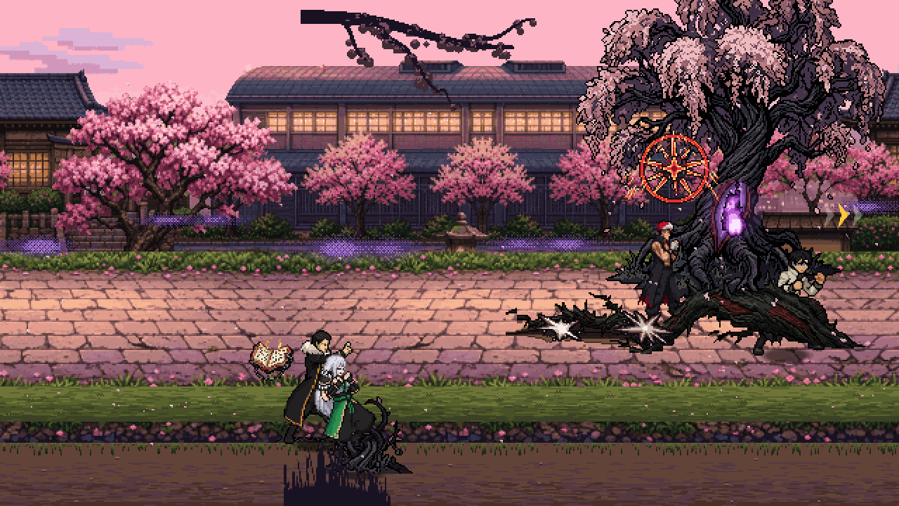 Black roots erupt from a dead cherry tree as the heroes fight on the campus path