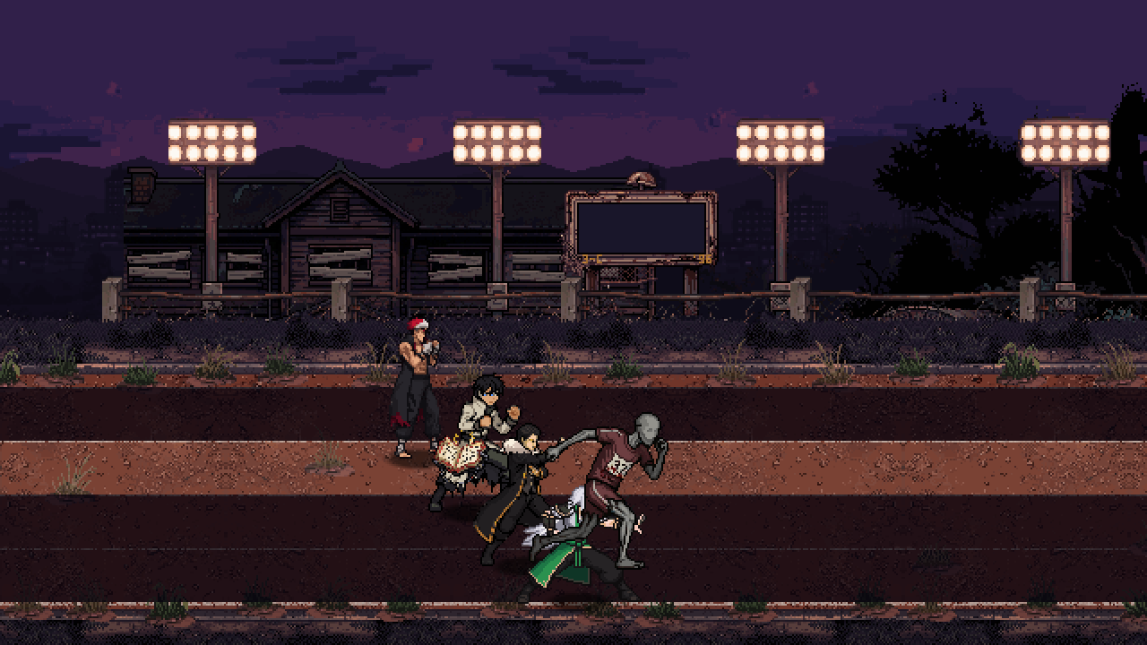 The heroes fighting the runners on the school track under floodlights at night