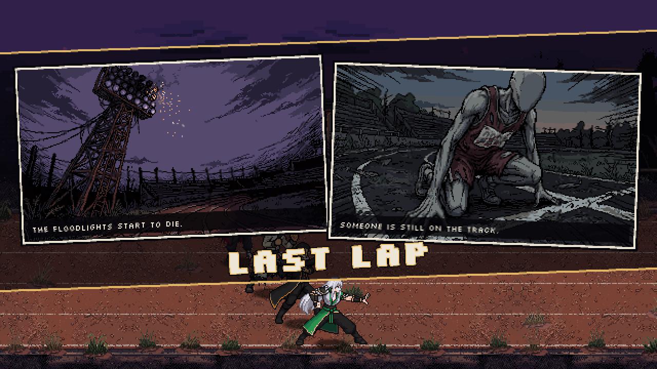 Manga-style cut-in panels: the floodlights start to die, someone is still on the track